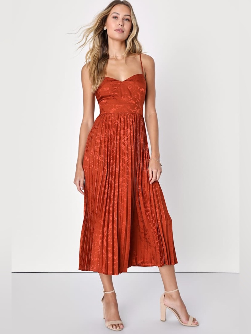 NWT Lulus Regal Romance Rust Floral Jacquard Pleated Satin Midi Dress Medium